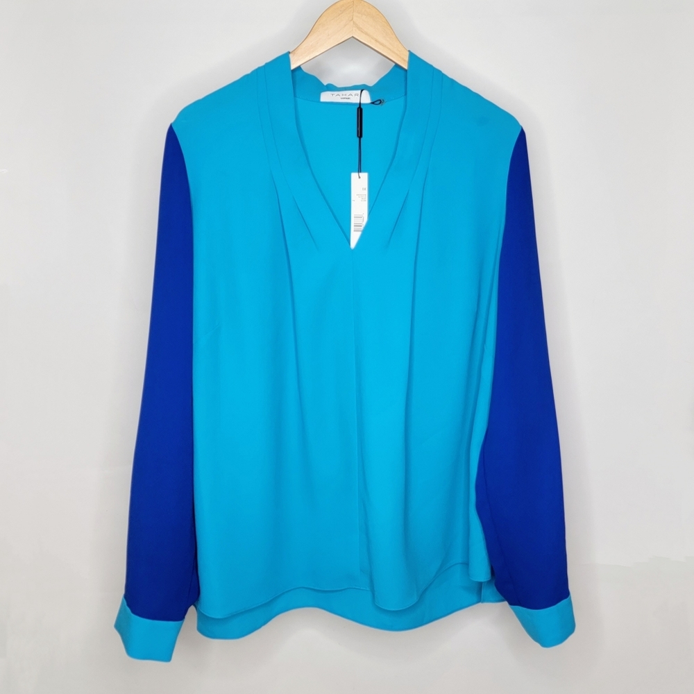 NWF Tahari Woman Edie Blouse in Scuba Colorblock Turqouise Blue 1X Long Sleeve